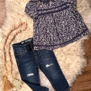 Cat & Jack adjustable Jeans and Floral Leaf Print Kids Old Navy Blouse Set